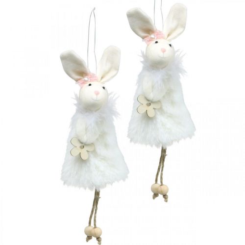 Floristik24 Lapin à suspendre, décoration de Pâques, pendentif printanier, lapin de Pâques avec fleur blanc, naturel H21cm 6pcs