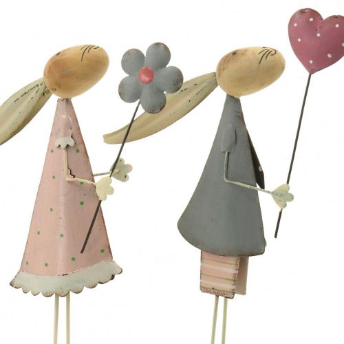 Floristik24 Décoration printanière, lapins en métal, Pâques, paire de lapins, Saint Valentin rose, bleu 29,5/31,5cm lot de 2