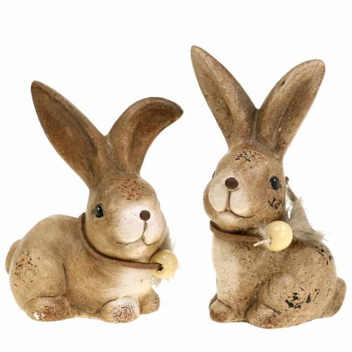 Floristik24 Figurines décoratives lapins avec plume et bois nacré marron assortis 7cm x 4.9cm H 10cm 2pcs