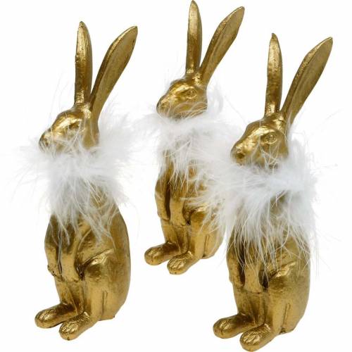 Floristik24 Lapins debout, décoration de Pâques dorée, printemps, lapins de Pâques avec plumes 3pcs