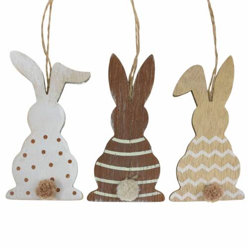 Lapin de Pâques à suspendre crème, marron, bois naturel assorti H11,5cm 6pcs