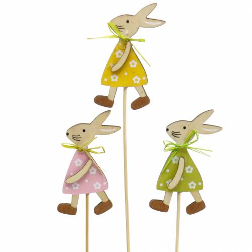 Floristik24 Lapin en bois sur bâton vert, jaune, rose 8cm 12 pièces