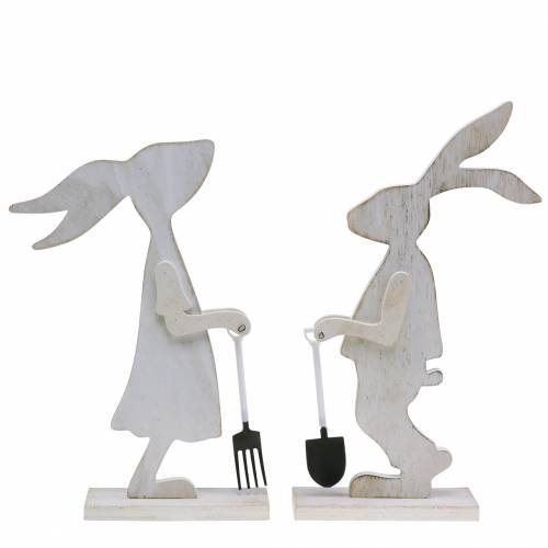 Article Lapin avec outils de jardin bois blanc H28/30,5cm lot de 2