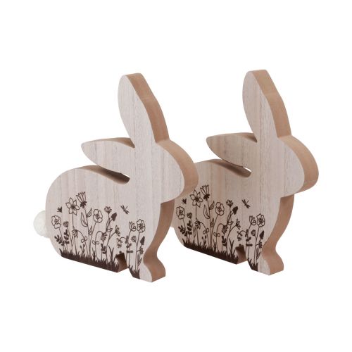 Article Lapin En Bois Assis Motif Fleur Blanc Naturel 24×24cm 2pcs