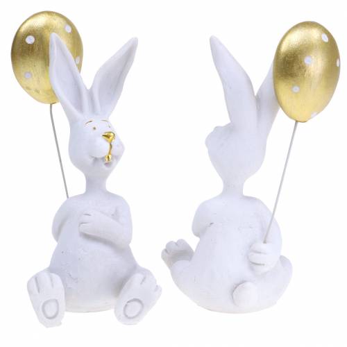 Floristik24 Lapin avec ballon assis blanc, or H13,5cm 2pcs