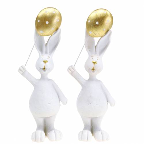 Floristik24 Lapin de Pâques avec ballon debout or blanc H18cm 2pcs