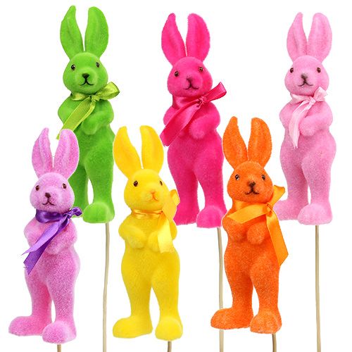 Floristik24 Lapin déco floqué sur tige multicolore assort.15cm 6P.