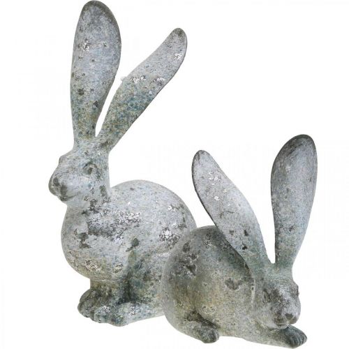 Article Lapin décoratif, figurine de jardin aspect béton, shabby chic, décoration de Pâques avec accents argentés H21/14 cm, lot de 2