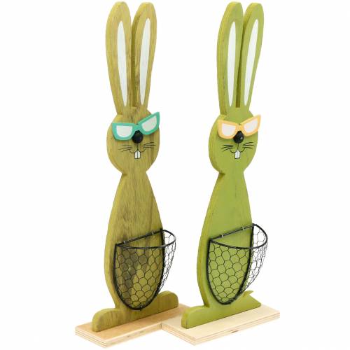 Floristik24 Lapins de Pâques avec panier vert, printemps, panier de plantation décoratif, lapin en bois de décoration de Pâques 2pcs