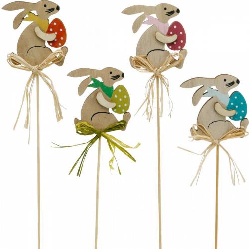 Floristik24 Lapin avec oeuf de Pâques sur un bâton, bouchon de fleur de lapin de Pâques, décoration en bois de Pâques, bouchon décoratif, décoration florale 12pcs