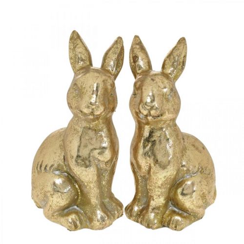 Floristik24 Lapin doré décoration assis aspect antique Lapin de Pâques H12,5cm 2pcs