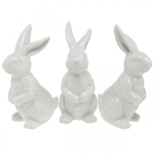 Floristik24 Lapin de Pâques en céramique blanc assis Décoration de Pâques H14,5cm 3pcs