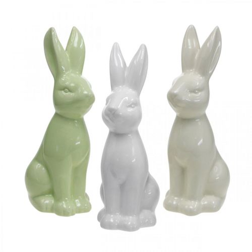 Floristik24 Lapin Céramique Blanc, Crème, Vert Lapin de Pâques Déco Figurine H13cm 3pcs