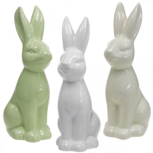 Lapin de Pâques en porcelaine assis blanc, crème, vert H18cm 3pcs