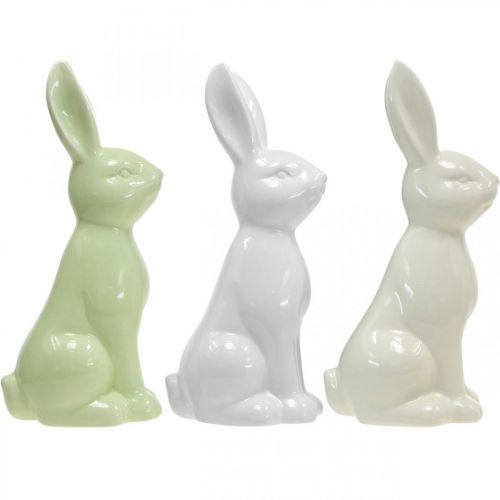 Floristik24 Lapin Céramique Blanc, Crème, Vert Lapin de Pâques Déco Figurine H13cm 3pcs