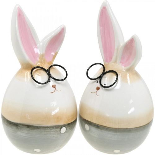 Article Lapins de Pâques en céramique avec verres, décoration de Pâques paire de lapins H19cm 2pcs