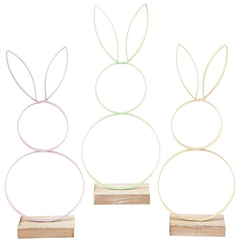 Lapin Décoration Métal Bois Naturel Jaune Menthe Rose H28cm 3 Pcs