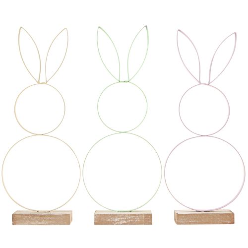 Article Lapin Décoration Métal Bois Naturel Jaune Menthe Rose H28cm 3 Pcs