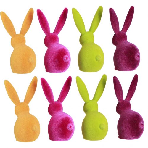 Article Petits lapins de Pâques assis, floqués de couleurs vives, 13 cm, lot de 8.