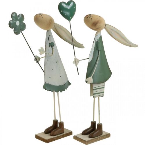 Floristik24 Décoration de table de Pâques en métal Printemps Lapin de Pâques Couple Décoration de table Vert Beige L29.5/31.5cm Lot de 2