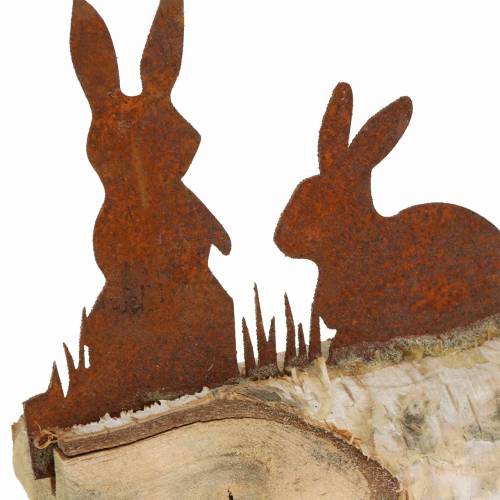 Article Famille de lapin métal rouille sur socle bois bouleau 25cm H9cm