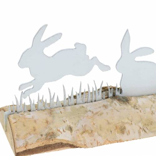 Article Lapin famille métal blanc sur socle bois bouleau 25cm H9cm