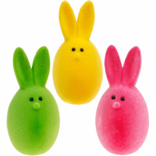 Article Mélange d&#39;oeufs de Pâques avec des oreilles, oeufs de lapin floqués, décoration colorée de Pâques 6pcs