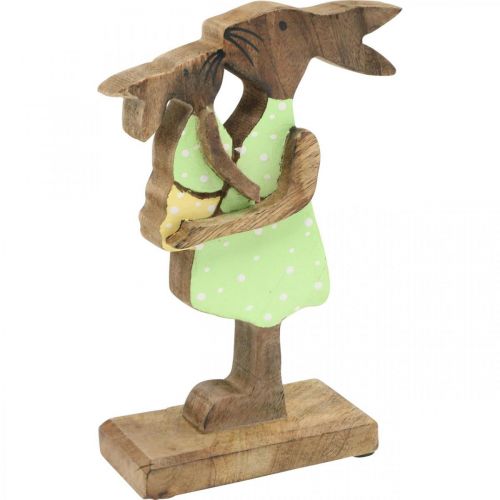 Floristik24 Lapin maman avec enfant, décoration de Pâques, printemps, lapin de Pâques en bois, naturel, vert, jaune H22cm