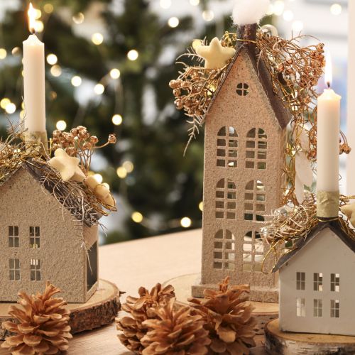 Maison décorative en métal avec fenêtres et cheminée 28 cm beige et gris | Floristik24.fr