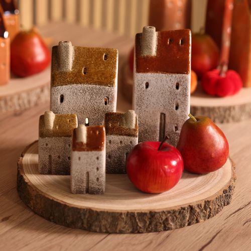Lot de 2 maisons photophores en céramique avec cheminée – Décoration automne et hiver 13 cm | Floristik24.fr
