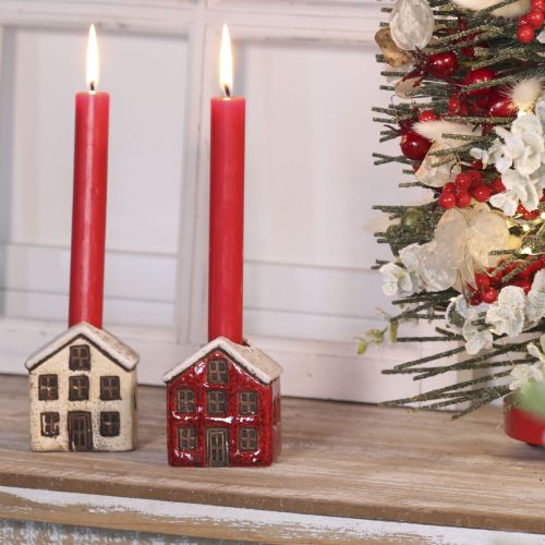 Lot de 2 bougeoirs en céramique maison enneigée 7 cm | Floristik24.fr