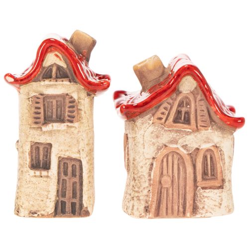 Ensemble de décorations en céramique représentant de petites maisons à toit rouge de 8 cm (2 pièces). | Floristik24.fr