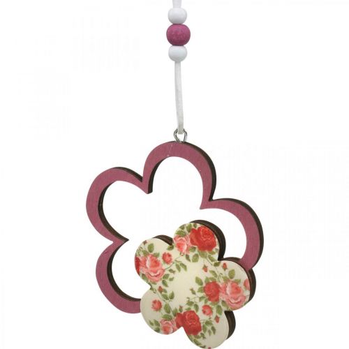 Article Pendentif printemps, fleur coeur papillon, décoration en bois avec motif fleur H8.5/9/7.5cm 6pcs