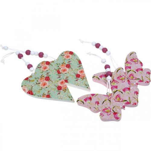 Article Pendentif motif fleur, coeur et papillon, décoration printanière à suspendre H11,5/8,5cm 4pcs