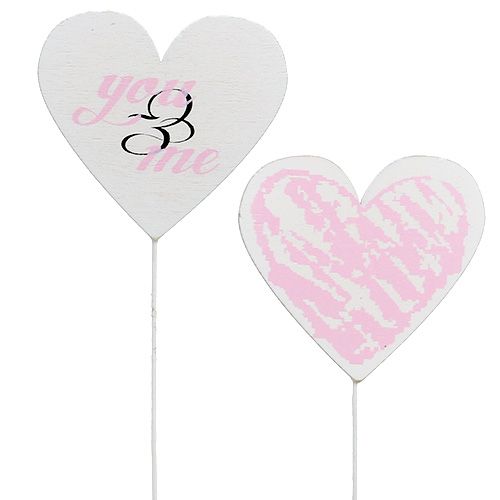 Coeur sur tige 7 cm blanc, rose 12 p.