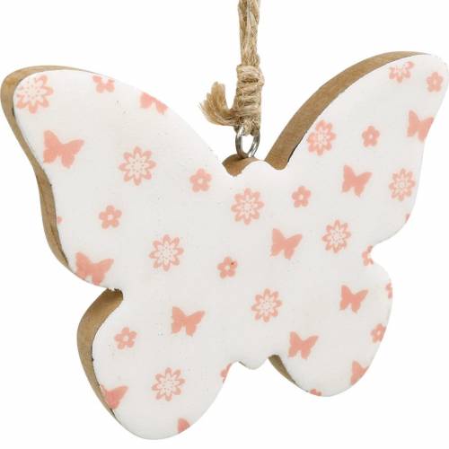 Floristik24 Décoration à suspendre coeur fleur papillon blanc, rose bois décoration printemps 6pcs