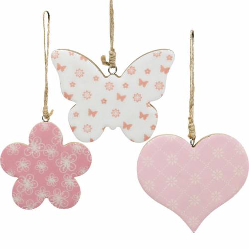 Floristik24 Décoration à suspendre coeur fleur papillon blanc, rose bois décoration printemps 6pcs