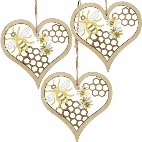 Coeur décoratif abeilles jaune, coeur en bois doré pour accrocher la décoration d&#39;été 6pcs