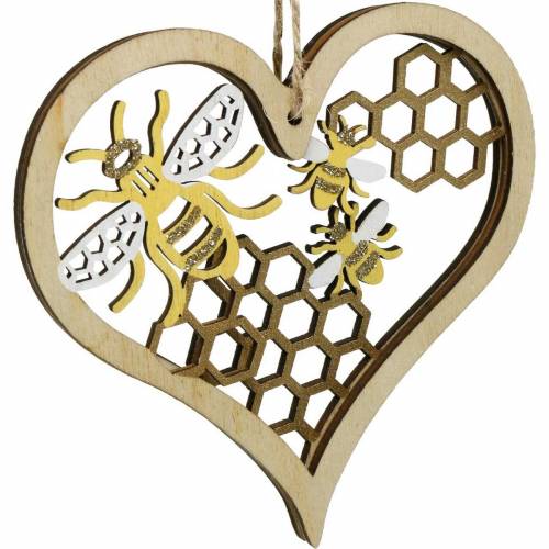 Floristik24 Coeur décoratif abeilles jaune, coeur en bois doré pour accrocher la décoration d'été 6pcs