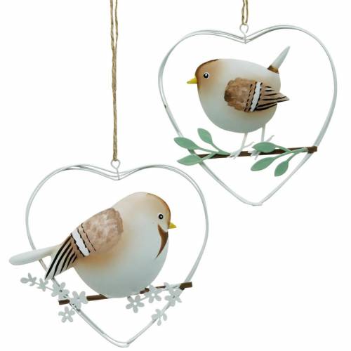 Floristik24 Pendentif coeur avec moineaux, décoration printanière, coeur métal, Saint Valentin, coeur oiseau 4pcs