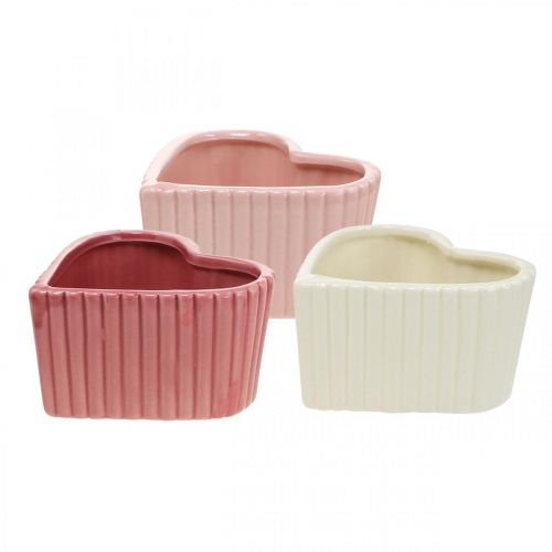 Article Coeur décoratif en céramique blanc, rose, mini jardinière H6cm 3 pcs