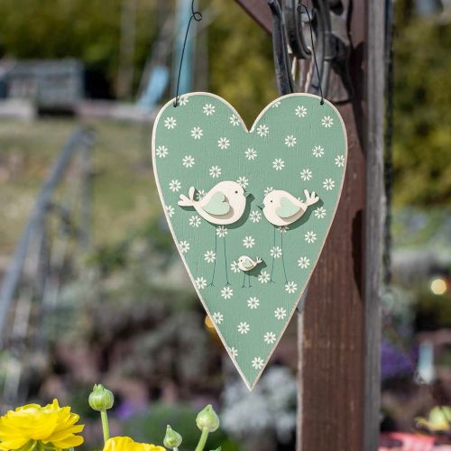 Floristik24 Coeur à suspendre, décoration en bois avec oiseaux, décoration de porte, vert printemps, jaune H22cm lot de 3