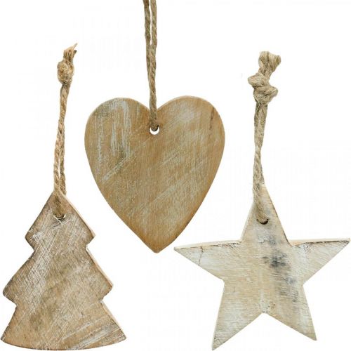 Pendentifs en bois, sapin / coeur / étoile, set de décoration de Noël H7.5 / 8cm 9pcs Pendentifs en bois, sapin / coeur / étoile, set de décoration de Noël H7.5 / 8cm 9pcs