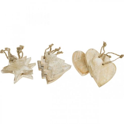 Pendentifs en bois, sapin / coeur / étoile, set de décoration de Noël H7.5 / 8cm 9pcs