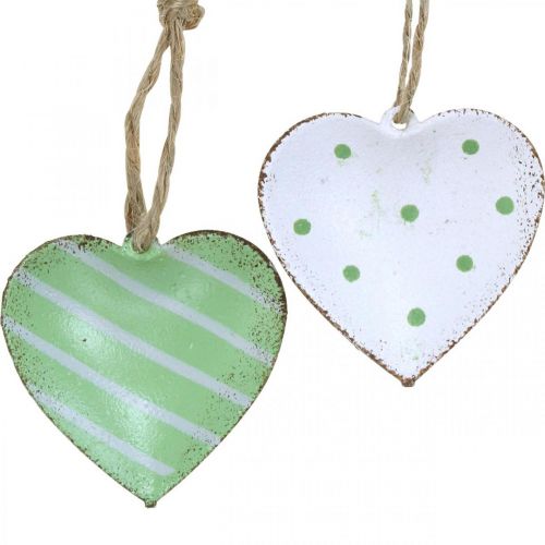 Floristik24 Coeurs en métal à suspendre, saint valentin, décoration printanière, pendentif coeur vert, blanc H3.5cm 10pcs