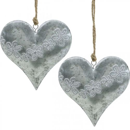 Floristik24 Coeurs à suspendre, décoration métal avec gaufrage, Saint Valentin, décoration printemps argent, blanc H13cm 4pcs