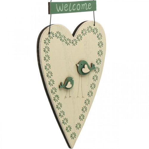 Floristik24 Coeur à suspendre, décoration en bois avec oiseaux, décoration de porte, vert printemps, jaune H22cm lot de 3