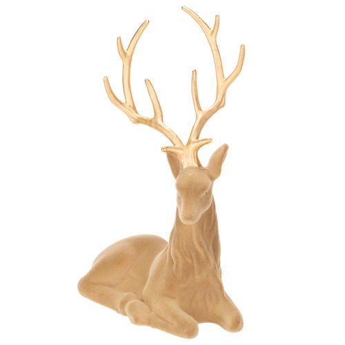 Figurine décorative cerf assis avec bois dorés 58 cm en matériau floqué marron clair | Floristik24.fr
