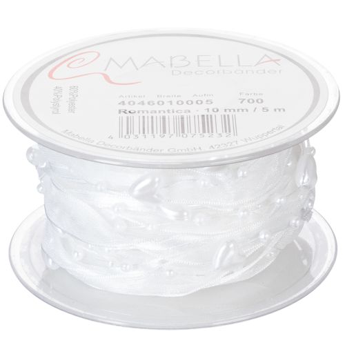 Article Ruban d'organza blanc pour décoration de mariage, 10 mm x 5 m, avec cœurs et perles