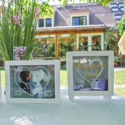 Floristik24 Tirelire de mariage "Honeymoon Fund" en bois avec façade en verre blanc H15m